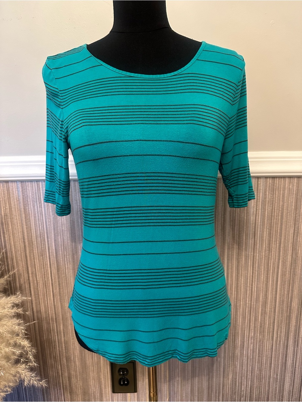 Apt. 9 Teal & Black Striped Elbow Sleeve Knit Top Size PM
